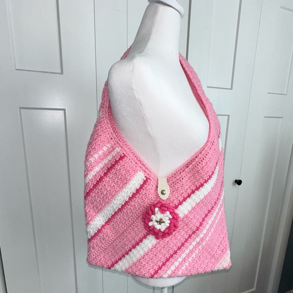 Hand Crafted Handbags - Handmade Pink and White Crochet Shoulder Bag with Faux Leather Snap Closure